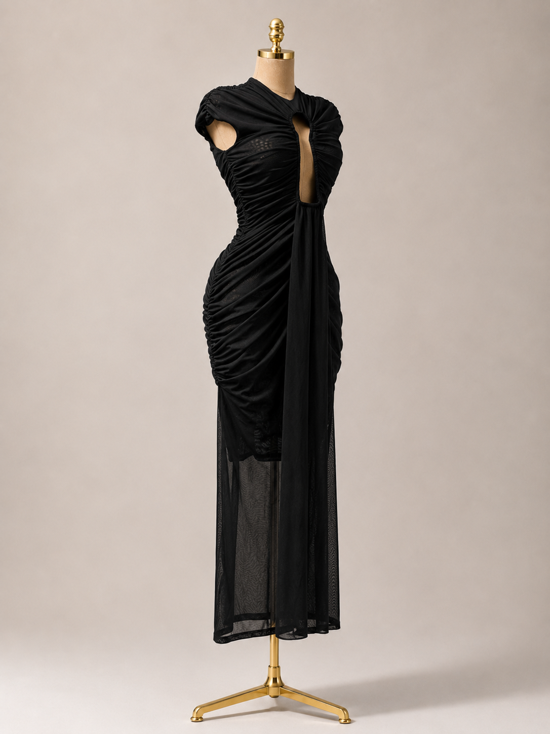 ALYSSIA Black Mesh Keyhole Cut Out Ruched Draped Maxi Dress