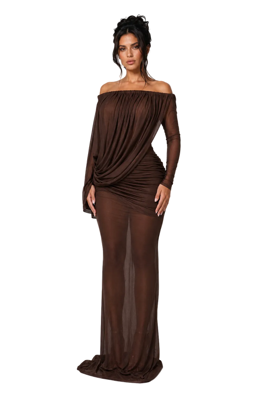 SIRELA Chocolate Brown Off Shoulder Sheer Mesh Draped Maxi Dress