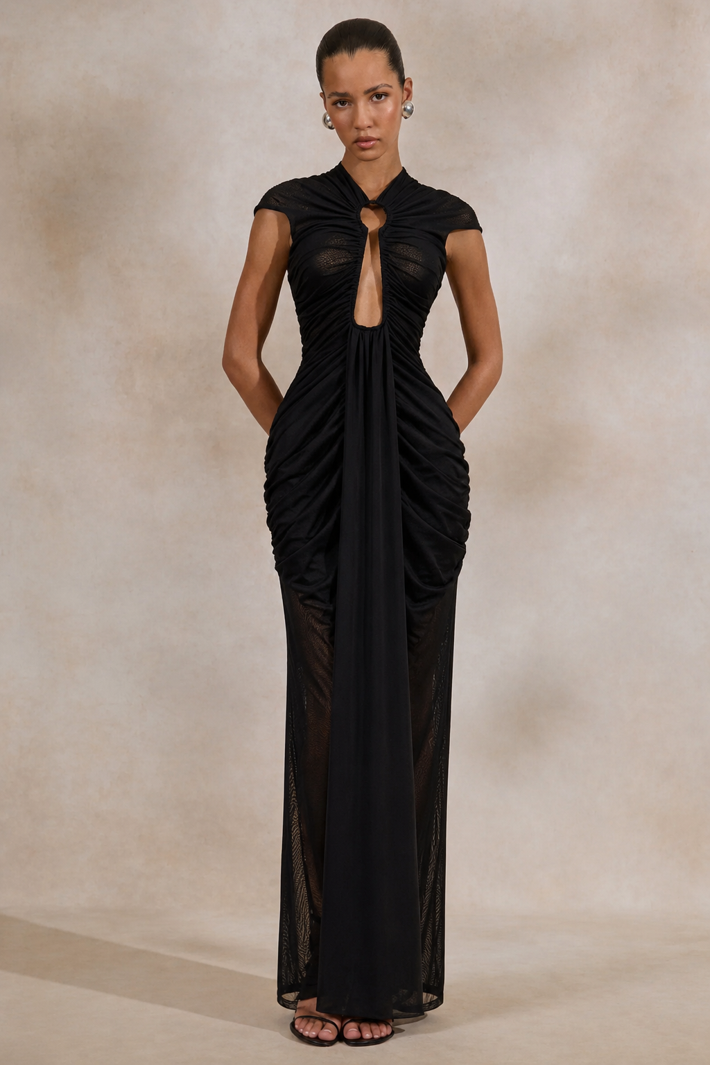 ALYSSIA Black Mesh Keyhole Cut Out Ruched Draped Maxi Dress