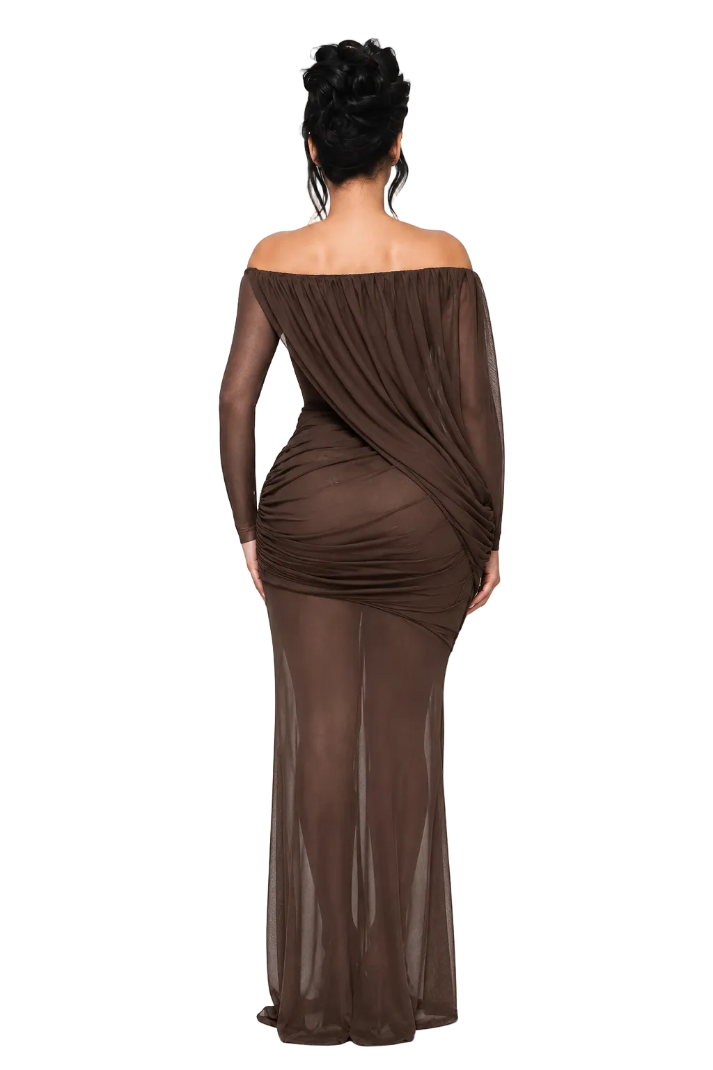 SIRELA Chocolate Brown Off Shoulder Sheer Mesh Draped Maxi Dress
