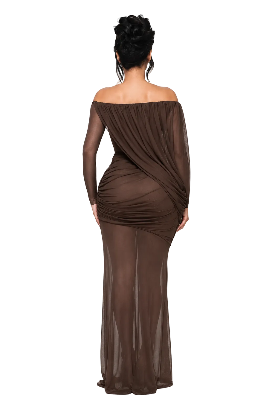 SIRELA Chocolate Brown Off Shoulder Sheer Mesh Draped Maxi Dress