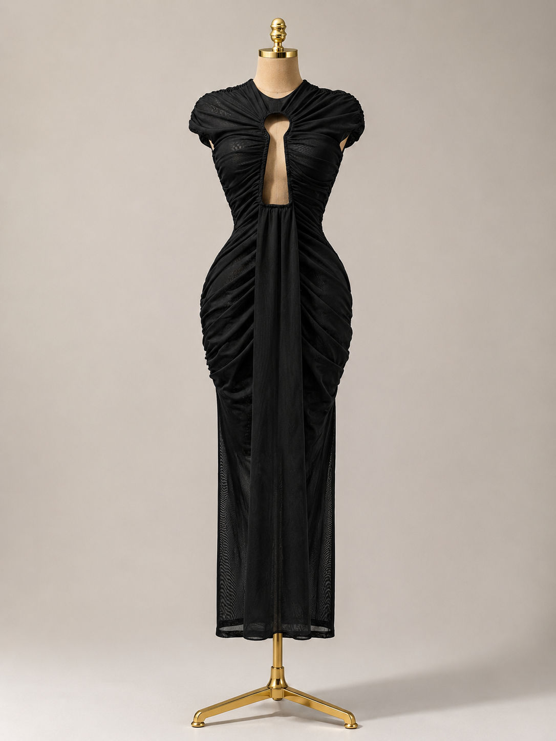 ALYSSIA Black Mesh Key Hole Cut Out Maxi dress