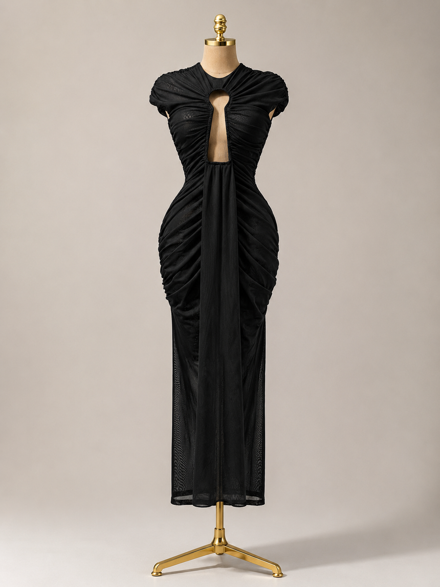 ALYSSIA Black Mesh Key Hole Cut Out Maxi dress