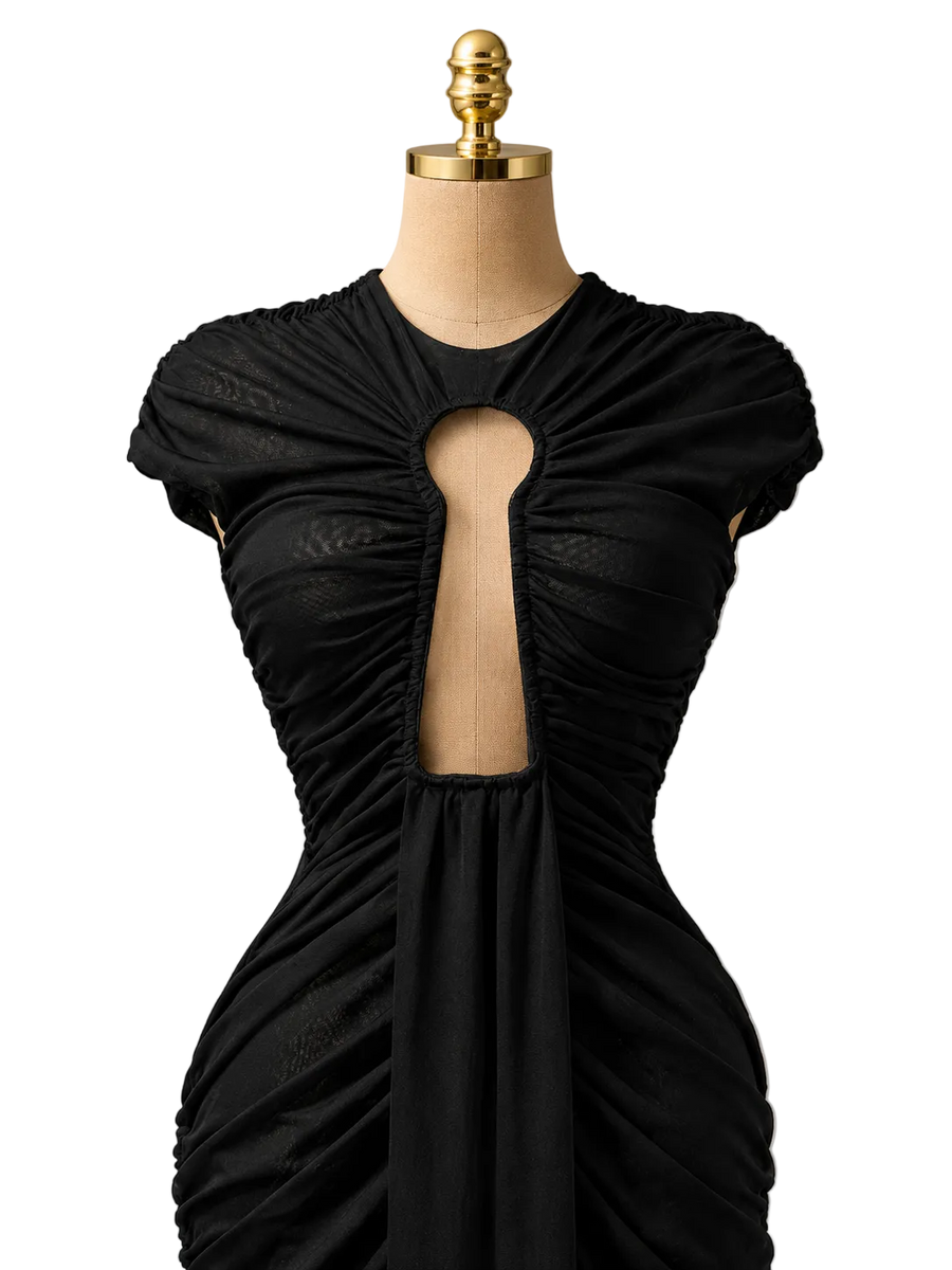 ALYSSIA Black Mesh Key Hole Cut Out Maxi dress