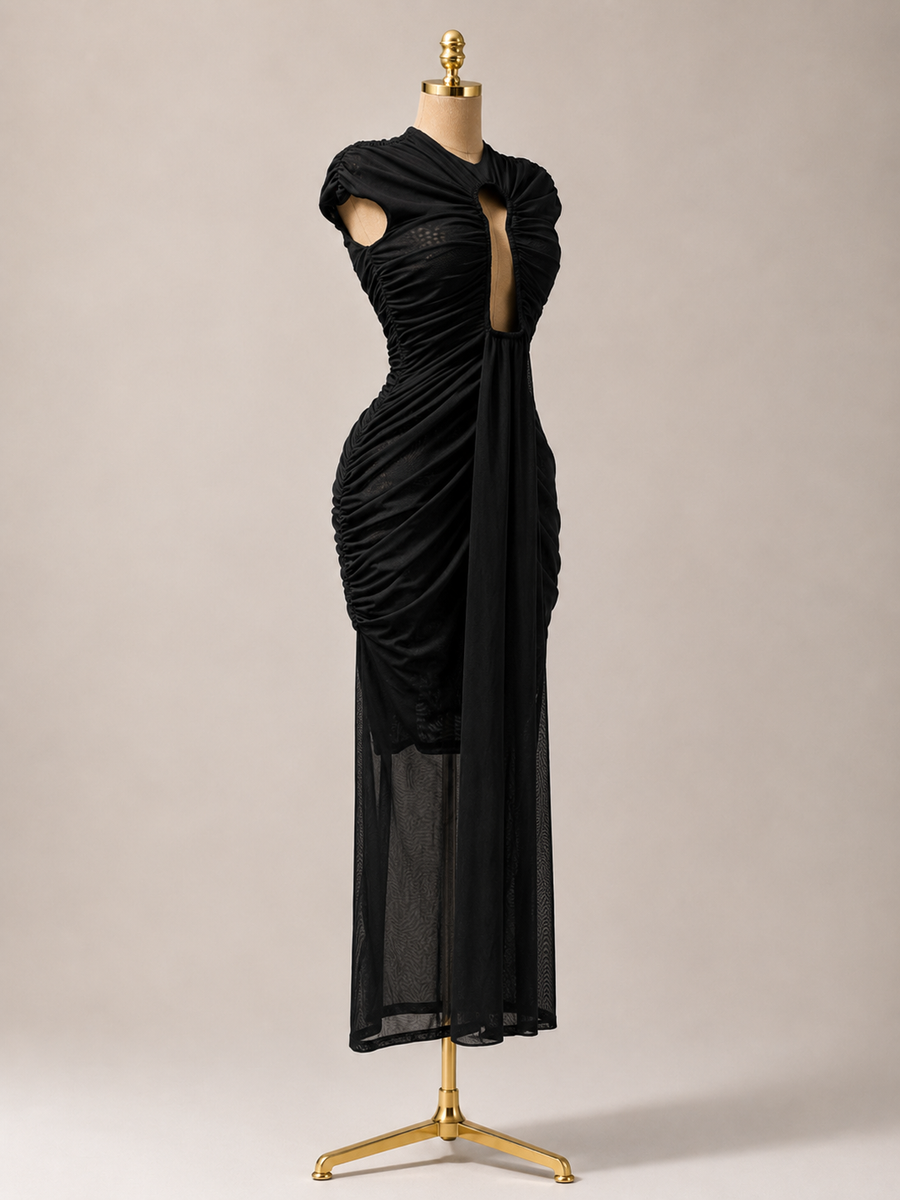 ALYSSIA Black Mesh Key Hole Cut Out Maxi dress