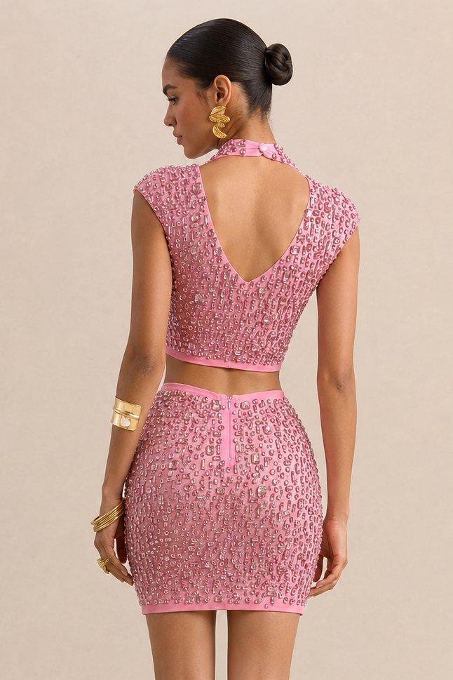 AURORA Embellished Pink Mini Skirt Set