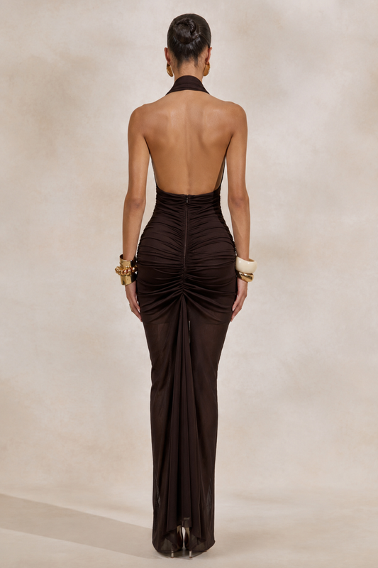 RAYA Chocolate Brown Ruched Halter Maxi Dress with Plunging Neckline & Open Back