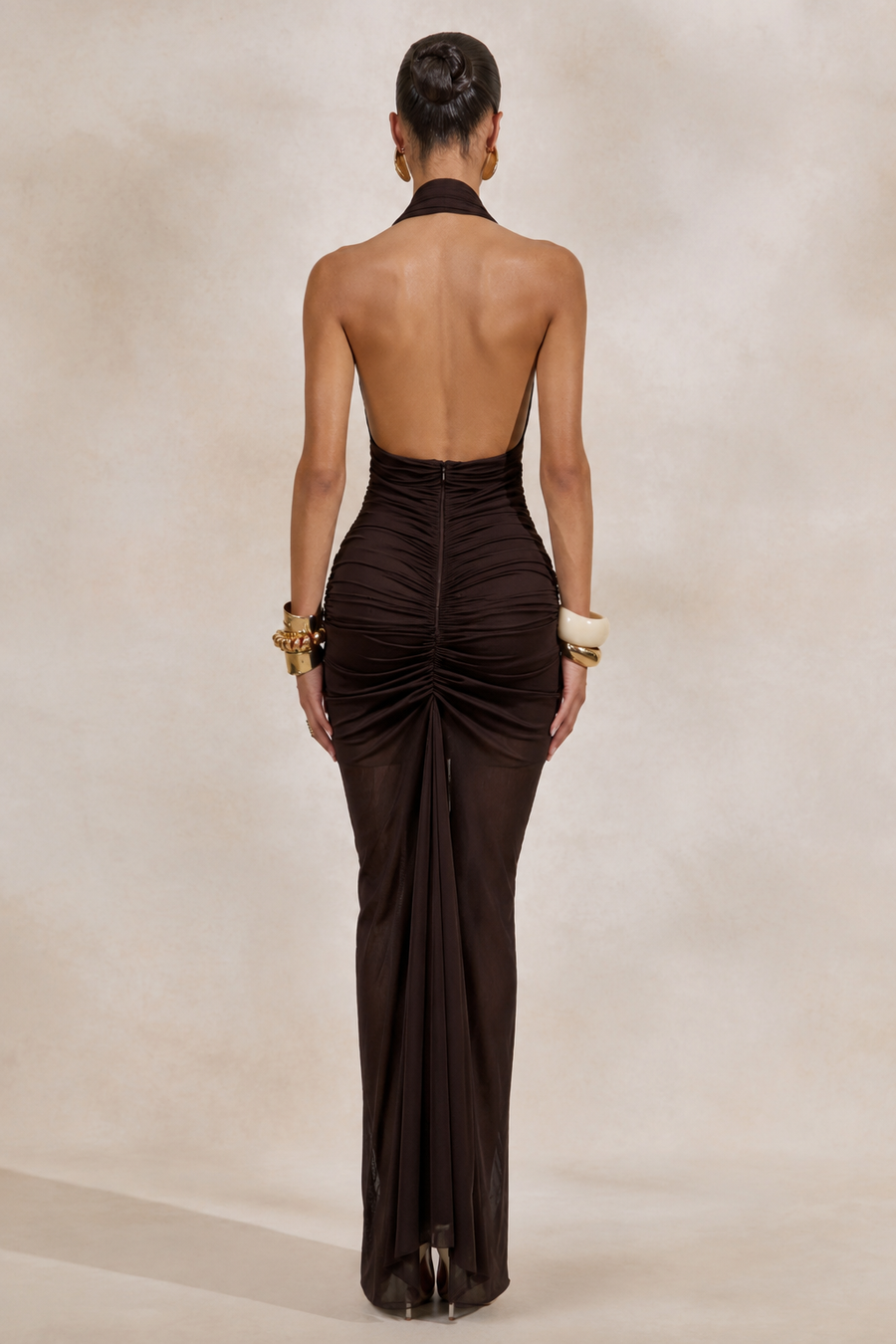 RAYA Chocolate Brown Ruched Halter Maxi Dress with Plunging Neckline & Open Back