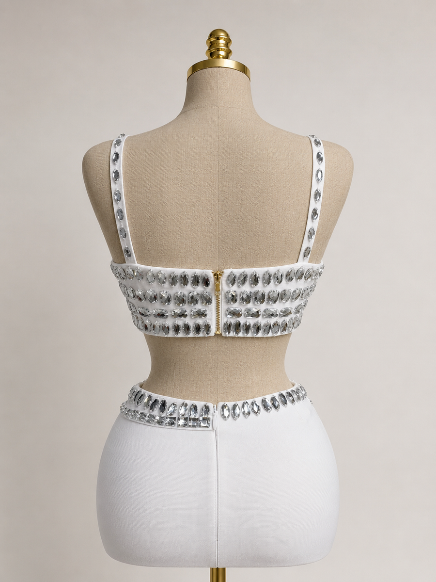 NELIA White Crystal Embellished Two Piece Co-ord Set