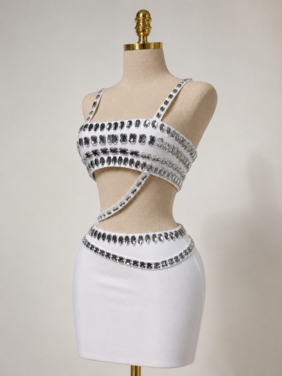 NELIA White Crystal Embellished Two Piece Co-ord Set
