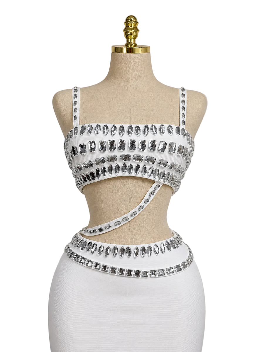 NELIA White Crystal Embellished Two Piece Co-ord Set