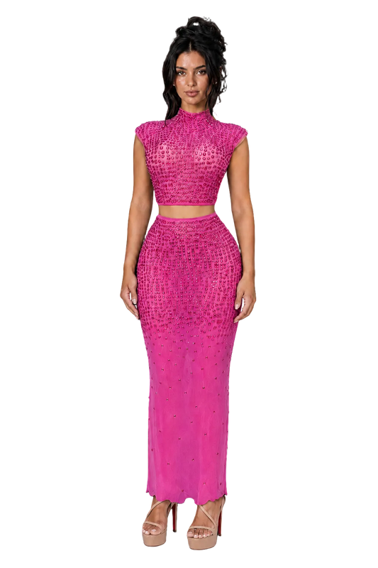AMAYA Pink Embellished Maxi Skirt Set
