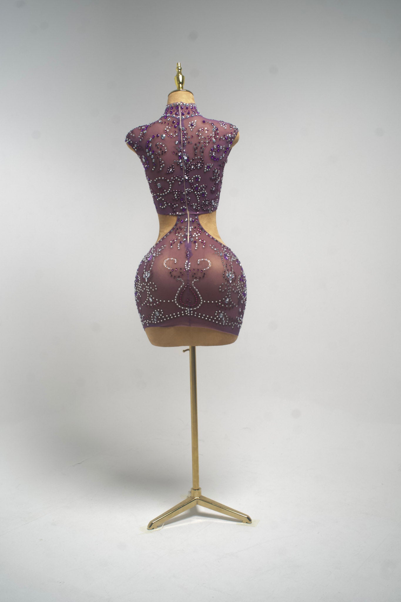 ORIA Purple Crystal Embellished Sheer Cut Out Mini Dress