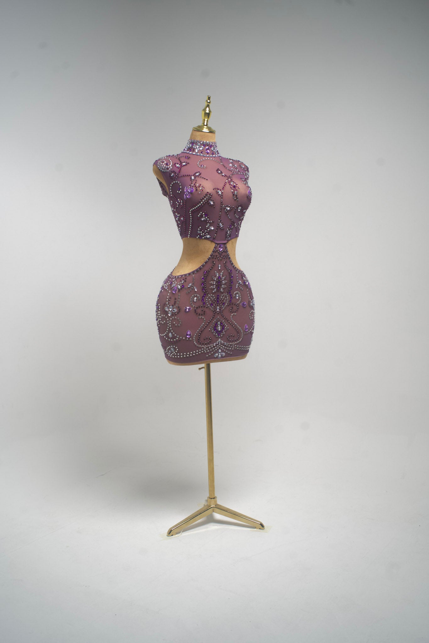 ORIA Purple Crystal Embellished Sheer Cut Out Mini Dress