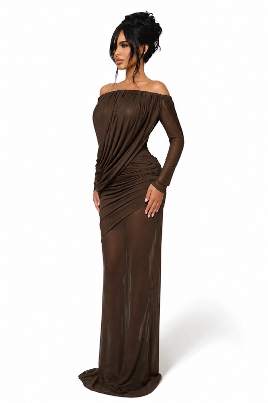 SIRELA Chocolate Brown Off Shoulder Sheer Mesh Draped Maxi Dress