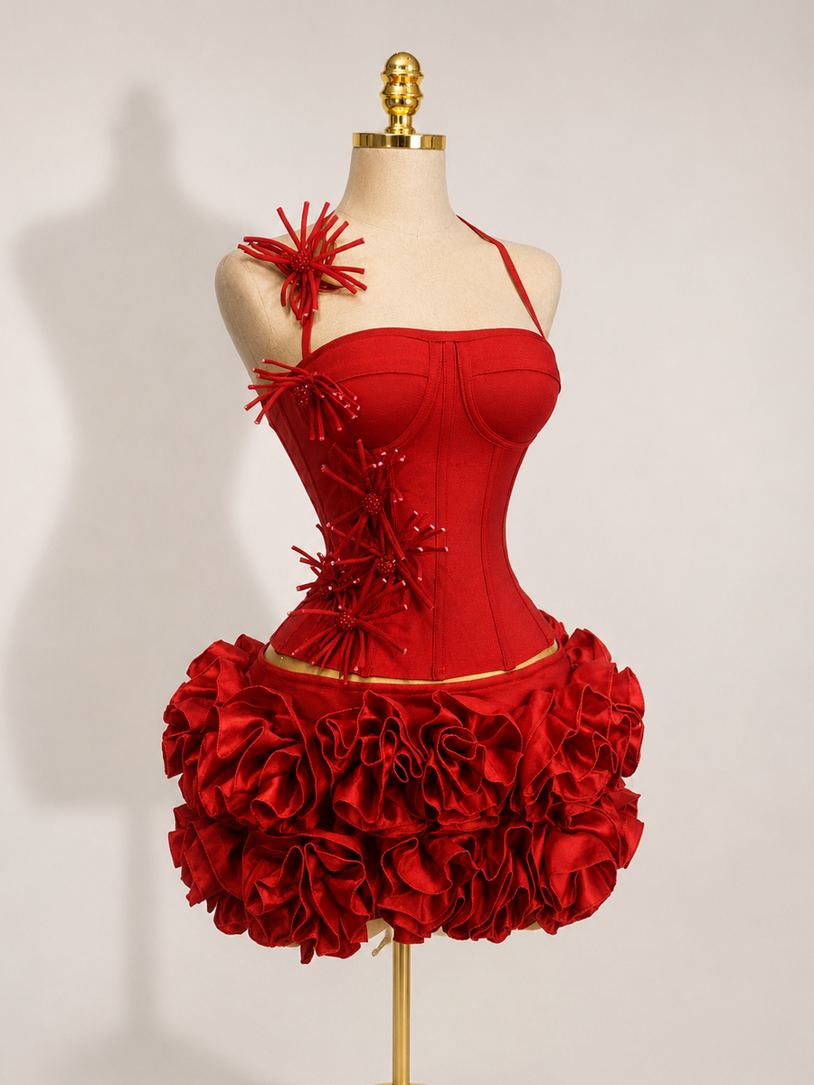 PIXIE Halter Bodycon Co-ord Set Red