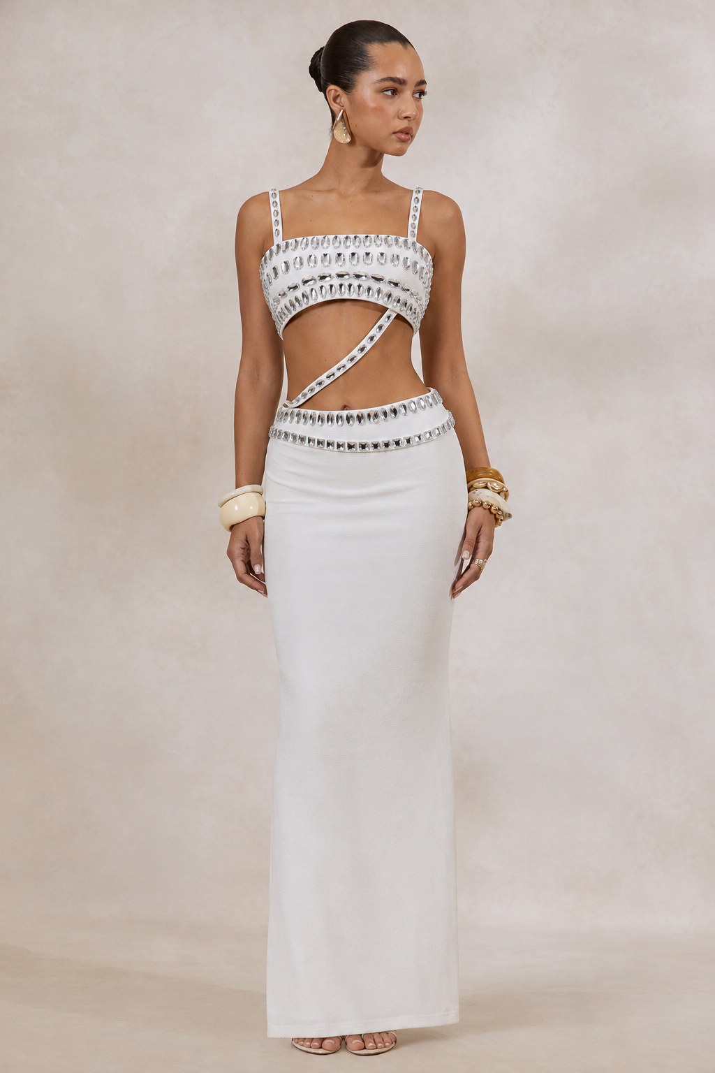 NELIA White Crystal Embellished Two Piece Co-ord Set
