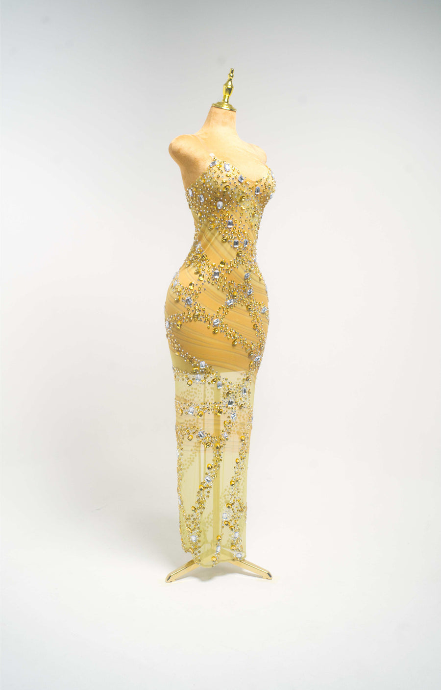 ELISA V Neck floor Gold Crystal Embellished Maxi Dress