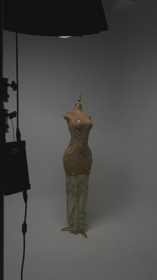 ELISA V Neck floor Gold Crystal Embellished Maxi Dress