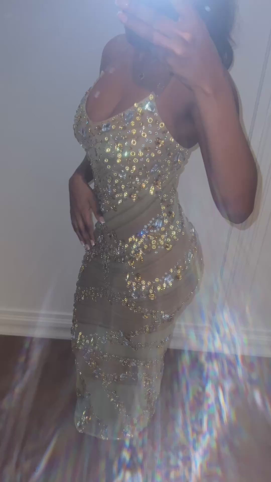 Load video: ELISA V Neck floor Gold Crystal Embellished Maxi Dress
