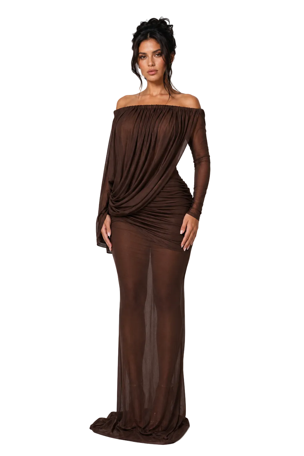 SIRELA Chocolate Brown Off Shoulder Sheer Mesh Draped Maxi Dress