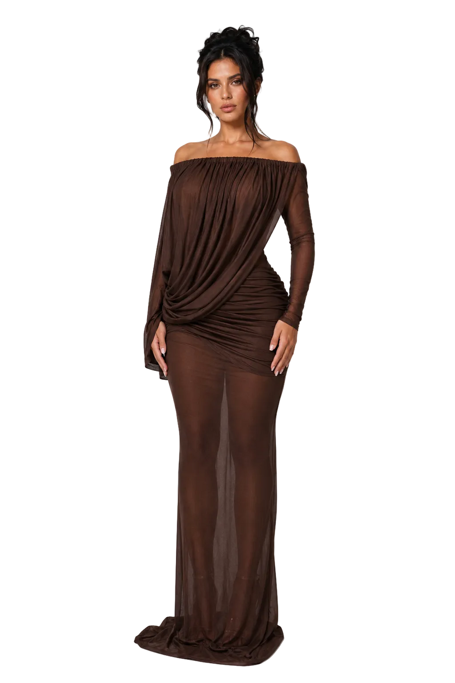 SIRELA Chocolate Brown Off Shoulder Sheer Mesh Draped Maxi Dress
